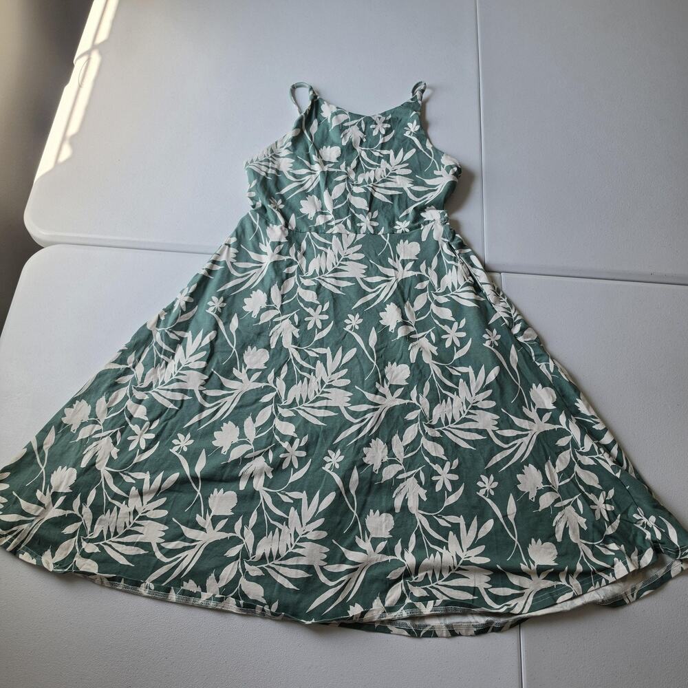 Pact Dress Womens M Green Floral Organic Cotton High Neck Sundress Fit & Flare
